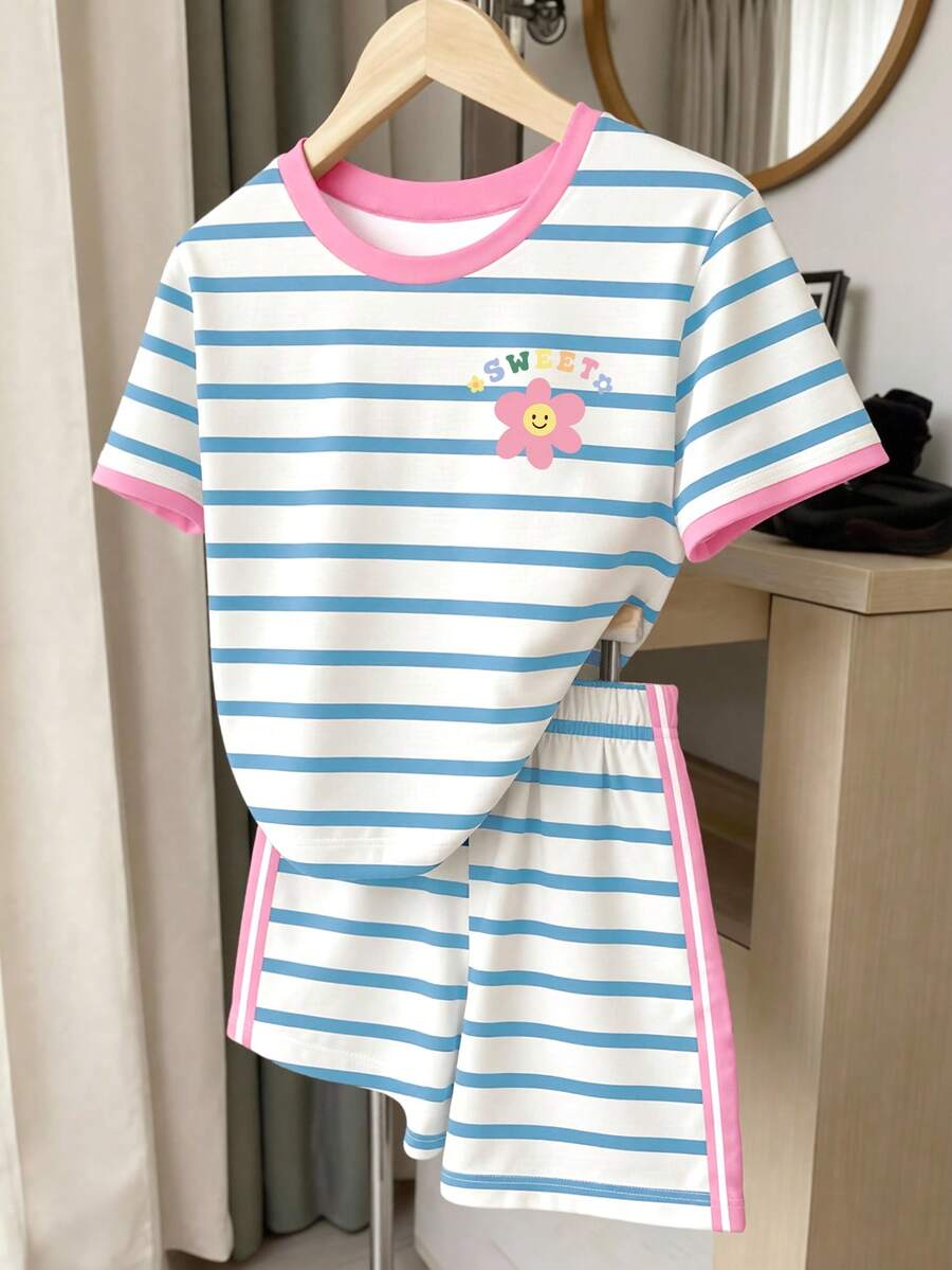 SHEIN Sparklyn 春夏休闲时尚彩色图案T恤和条纹短裤套装,适合少女,舒适日常穿着 - 彩色 - 查看 1