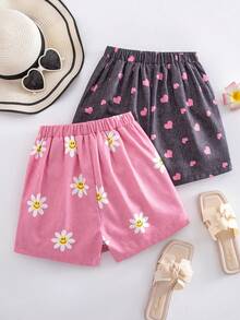 Elladie kids 2件套女童活力度假向日葵、爱心、笑脸仿牛仔印花不对称短裤，蓝粉组合，适合夏季外出穿着 - 彩色 - 查看 2