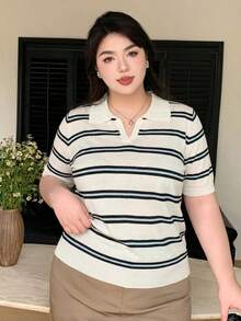Dazy Plus 條紋寬鬆拼接領休閒短袖針織上衣 夏季款 - 綠色 - 查看 5