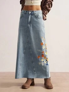 Bohemela Váy denim nữ cỡ lớn thêu hoa, có túi và cúc, kiểu dáng thường ngày, đa năng, thích hợp cho hẹn hò và đi chơi. - Rửa trung bình - Xem 3
