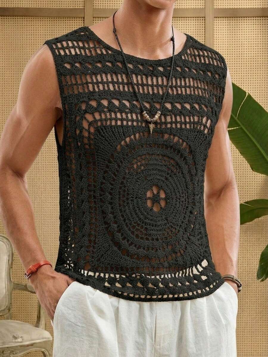 AKNOTIC 男士鏤空圓領無袖針織上衣，度假穿搭，復古鉤編針織背心，男士黑色鉤編針織無袖襯衫，夏季海灘波希米亞嬉皮風節慶上衣，70年代復古鏤空性感上衣
