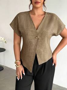 Firerie Plus Size Women V-Neck Single-Breasted Casual Versatile Daily Wear Shirt Linen Tops For Women Curve Linen Tops Plus Size - Khaki - View 4