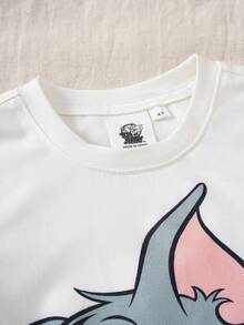 TOM & JERRY X SHEIN 卡通印花圆领短袖上衣和休闲短裤睡衣套装，适合小男孩 - 白色 - 查看 3