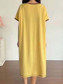 DAZY Cherry Print Color Block Raglan Sleeve Long T-Shirt Dress, Casual Summer Dress For Women Pajamas - Yellow - View 2