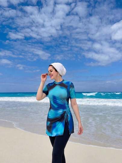 Swim Mulvari Bộ 2 món, hàng mới về, phong cách nhiệt đới xuân/hè, áo croptop buộc dây và quần bơi đen, đồ bơi đi biển cho nữ.