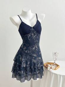 Elamini Women's Dress, Paisley Cashew Flower Print, Brown Vacation, Patchwork Contrast Color Mesh Print - Navy Blue - View 3