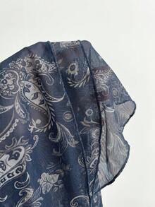 Elamini Women's Dress, Paisley Cashew Flower Print, Brown Vacation, Patchwork Contrast Color Mesh Print - Navy Blue - View 8