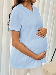 SHEIN 孕妇纯色圆领哺乳休闲百搭日常上衣 - 淺藍色 - 查看 6