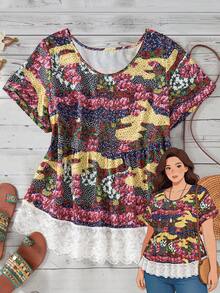 Zaforene Camicia casual da donna con scollo rotondo e maniche corte, con motivo floreale, taglie comode - Multicolore - Visualizzare 1