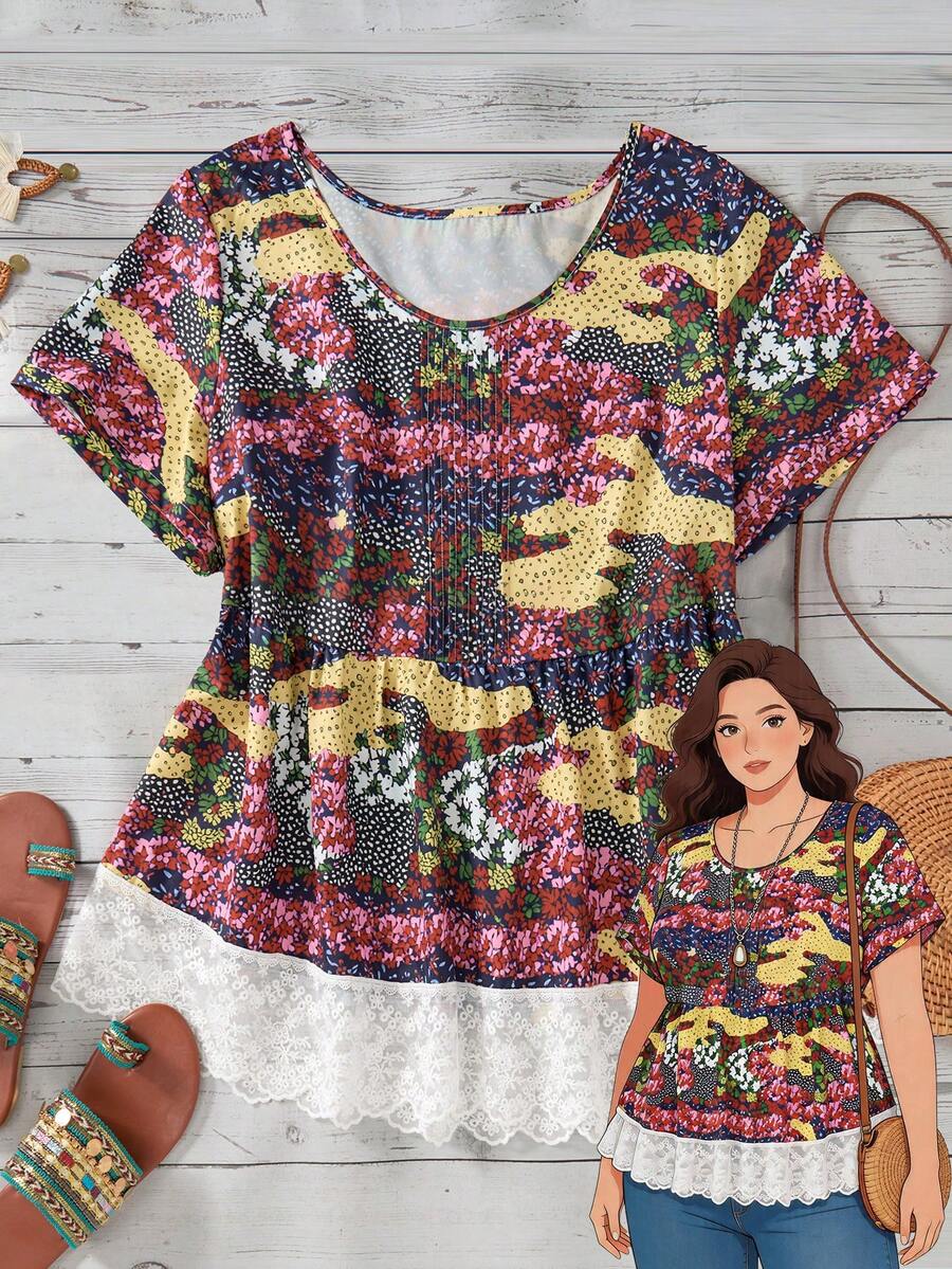 Zaforene Camicia casual da donna con scollo rotondo e maniche corte, con motivo floreale, taglie comode - Multicolore - Visualizzare 1
