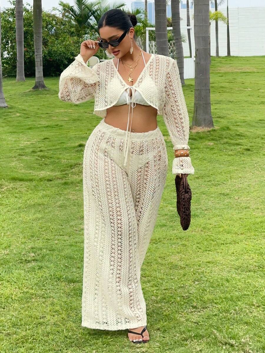 Dazy Plus 2pcs/Set V-Neck Long Sleeve Semi-Sheer Cover Up Swimsuit Cover Up & Pants, Plus Size Women, Spring/Summer Vacation Beach Outfits - Apricot - View 1