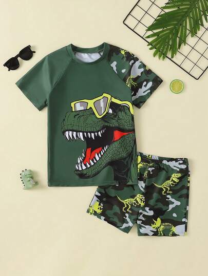 SHEIN Bộ đồ bơi ngắn tay cổ tròn tối giản dành cho bé trai tuổi teen, thích hợp cho kỳ nghỉ hè ở bãi biển, đồ bơi họa tiết rằn ri, quần áo trẻ em ngoài trời in hình khủng long.