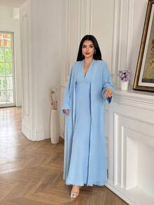 Modelyn Chemise longue minimaliste élégante de couleur unie pour femmes - Bleu azur - Voir 4