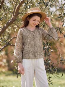 DAZY V-Neck Loose Lantern Sleeve Textured Pattern Tween Girls Blouse - Khaki - View 6