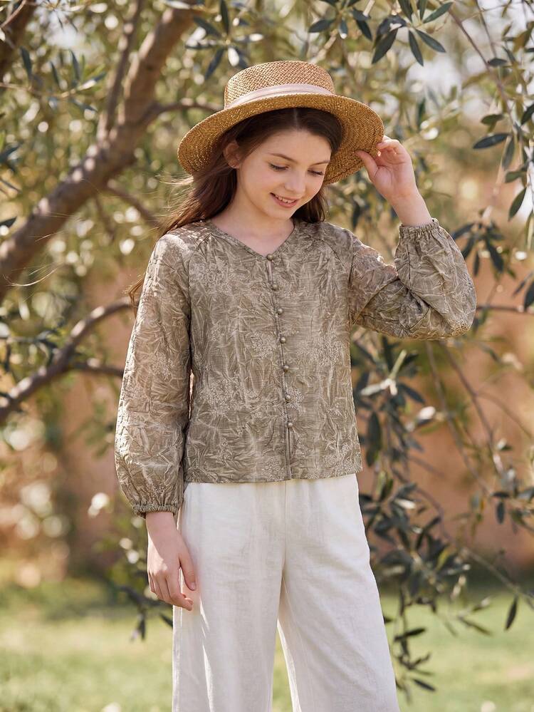 V-Neck Loose Lantern Sleeve Textured Pattern Girls (Plus Size) Blouse