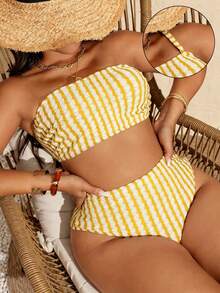SHEIN Swim Curve 大码女士极简夏季比基尼套装 - 黃色 - 查看 1