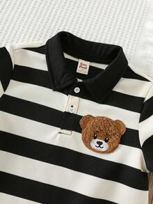 Cozy Pixies Bộ 2 món cho bé trai: Áo polo cổ bẻ tay ngắn và quần short đen kẻ sọc đen trắng, thêu hình gấu, thoải mái, giản dị, thời trang, phù hợp cho mùa xuân, hè, thu, đông, trong nhà, ngoài trời, hàng ngày, thể thao, tiệc tùng, chụp ảnh, lễ hội, thời trang đường phố, Giáng sinh, Năm mới. - Đen và trắng - Xem 3