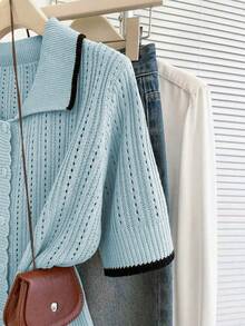 Franclia Cardigã feminino casual folgado com gola polo, manga curta, tricô vazado e detalhes contrastantes na cor damasco, ideal para primavera/verão. - Baby Azul - Ver 6
