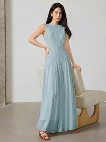 Heiryn Đầm không tay màu trơn dành cho nữ, thanh lịch cho mùa hè. - Màu xanh nhạt - Xem 6
