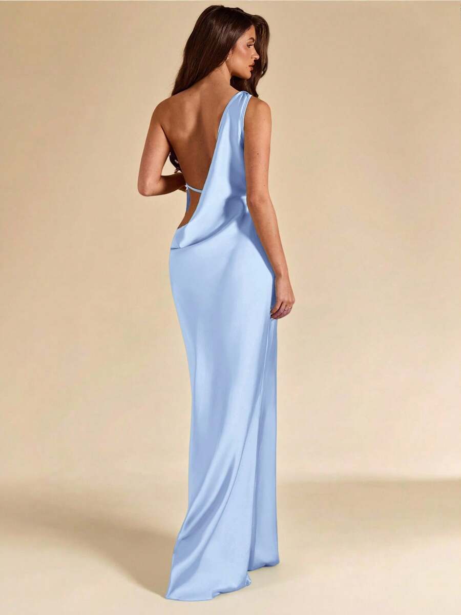 SHEIN BAE Sage Green, Pistachio Green Sexy Satin Backless Maxi Fishtail Dress, Bridesmaid Dress, Satin Dress, Sexy Dress, Brunch Dress, Wedding Guest Attire,Dresses For Women Summer - Baby Blue - View 1