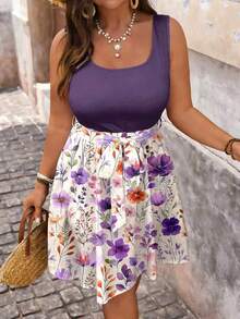 SHEIN VCAY Đầm nữ cỡ lớn họa tiết hoa tím phối nhiều mảnh, trang phục mùa hè, phong cách đồng quê, đồ đi club, đầm đi biển, phong cách Bohemian. - Nhiều màu - Xem 5