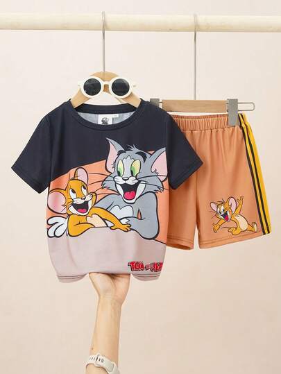 TOM & JERRY X SHEIN 男童休闲字母卡通印花短袖T恤和短裤套装