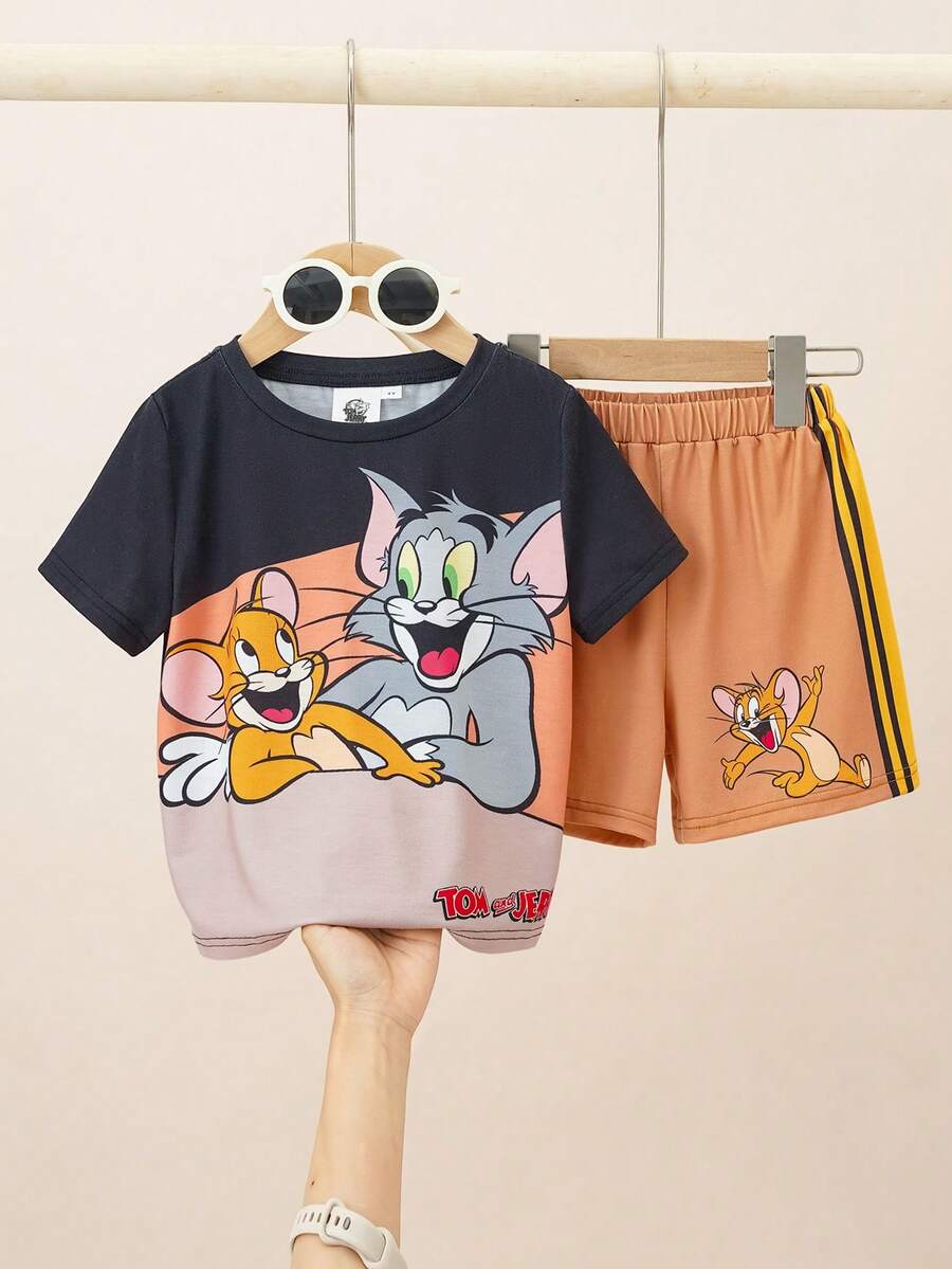 TOM & JERRY X SHEIN Young Boy Casual Letter & Cartoon Print Short Sleeve T-Shirt And Shorts Set - Black - View 1