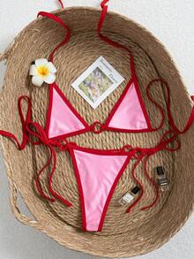 Swim Vcay Women's Contrast Color Splicing Micro Triangle Cup Halter Tie Bikini Swimwear Set White Summer Casual Sexy Boat Trip Holiday Vacation Golf - Multicolor - View 3