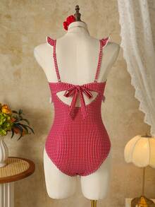 Bellisia Women's Summer Beach Plaid Pattern Deep V Ruffle Bow Tie Front Cute Casual Vacation Style Romper Swimsuit - Red - View 5