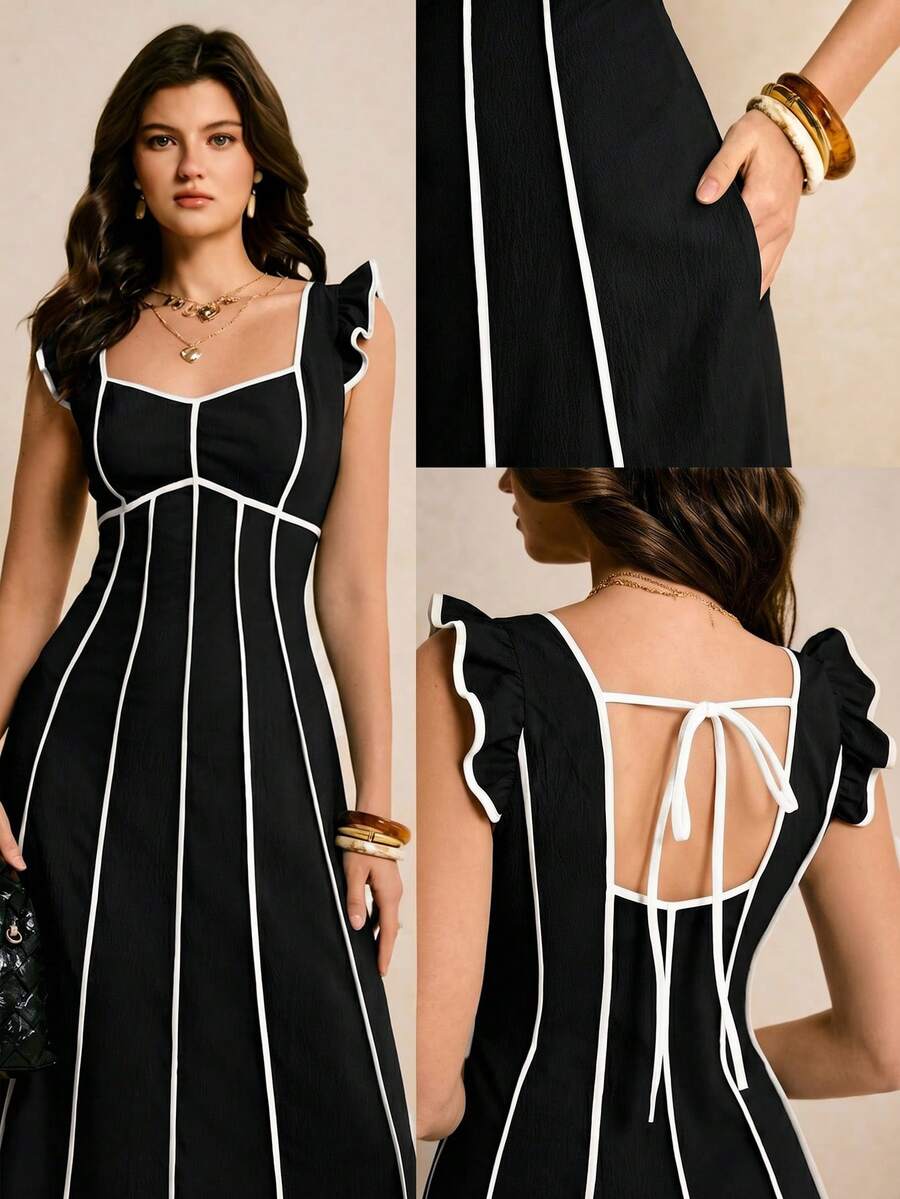 Poéselle Women's Elegant Black And White Dress, Summer, Dresses For Women Brunch - Black - View 1