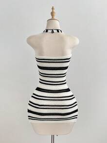 Women's Sleeveless Ombre Perforated Knit Halter Neck Sweater Dress, Spring/Summer - Multicolor - View 2
