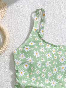 SHEIN Bộ đồ bơi liền thân và chân váy lưới màu trơn dễ thương cho bé gái tuổi teen, chất liệu vải dệt kim in hoa, thích hợp cho đi biển, bơi lội, kỳ nghỉ hè. - Màu xanh Bạc hà - Xem 3