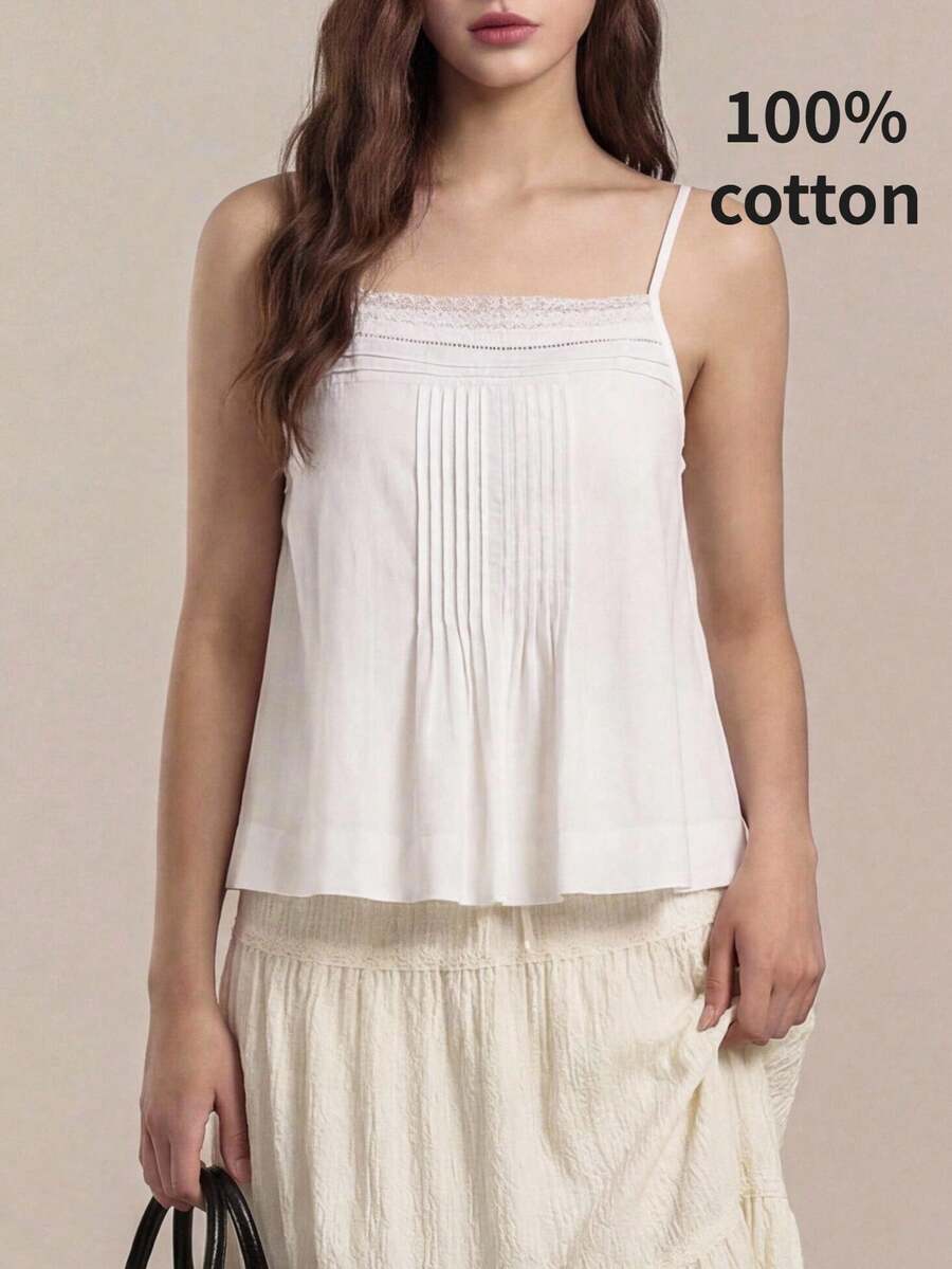 SHEIN Unity 女款白色夏季優雅茶會蕾絲百褶細肩帶背心,復古學院風 Y2K 90年代復古休閒日常穿搭時尚上衣 - 白色 - 查看 1