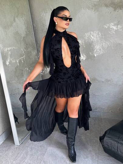 Dayanna Comas 女士时尚性感荷叶边露背挂脖中长连衣裙