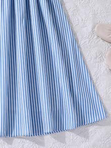 SHEIN Đầm casual tay ngắn kẻ sọc xanh trắng, thắt eo, thích hợp cho kỳ nghỉ, dạo chơi và mặc hàng ngày. - Màu xanh lam - Xem 5