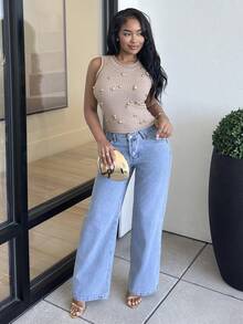 Alexandranx 夏日清凉厚针织镂空金属镜面串珠卷边背心 - 卡其色 - 查看 5