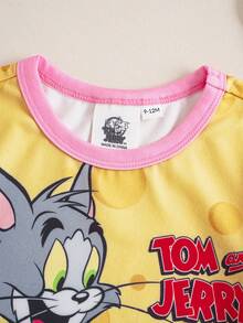 TOM & JERRY X SHEIN Áo liền quần tay ngắn cổ tròn in hình hoạt hình cho bé gái sơ sinh/trẻ nhỏ - Màu vàng - Xem 4