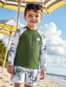 SHEIN Young Boys Swimwear,White & Green Palm Tree Print Long Sleeve Rash Guard Top & Swim Trunks Set,Summer Beach Holiday Hawaiian Style Pool Surfing - Green - View 8