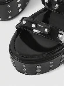 ROMWE Grunge Punk Giày sandal đế cao, gót đính kim tuyến, khóa cài nhọn dành cho nữ. - màu đen - Xem 4