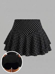 SHEIN Tween Girl Polka Dot Print Ruffle Hem Sports Skorts - Black - View 8