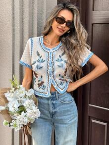 Pariaura Women's White And Blue Floral Summer Elegant Tea Party Boho Top,Short Sleeve Crochet Embroidered Blouses,French Countryside Style Vacation Beach Tops - Blue and White - View 5