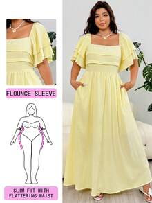 Solflare Romantic Ruffle Sleeve Dress With Pleated Bust Decor, A-Line Silhouette, Flowy Hem, Yellow, Suitable For Vacation, Plus Size - Yellow - View 1