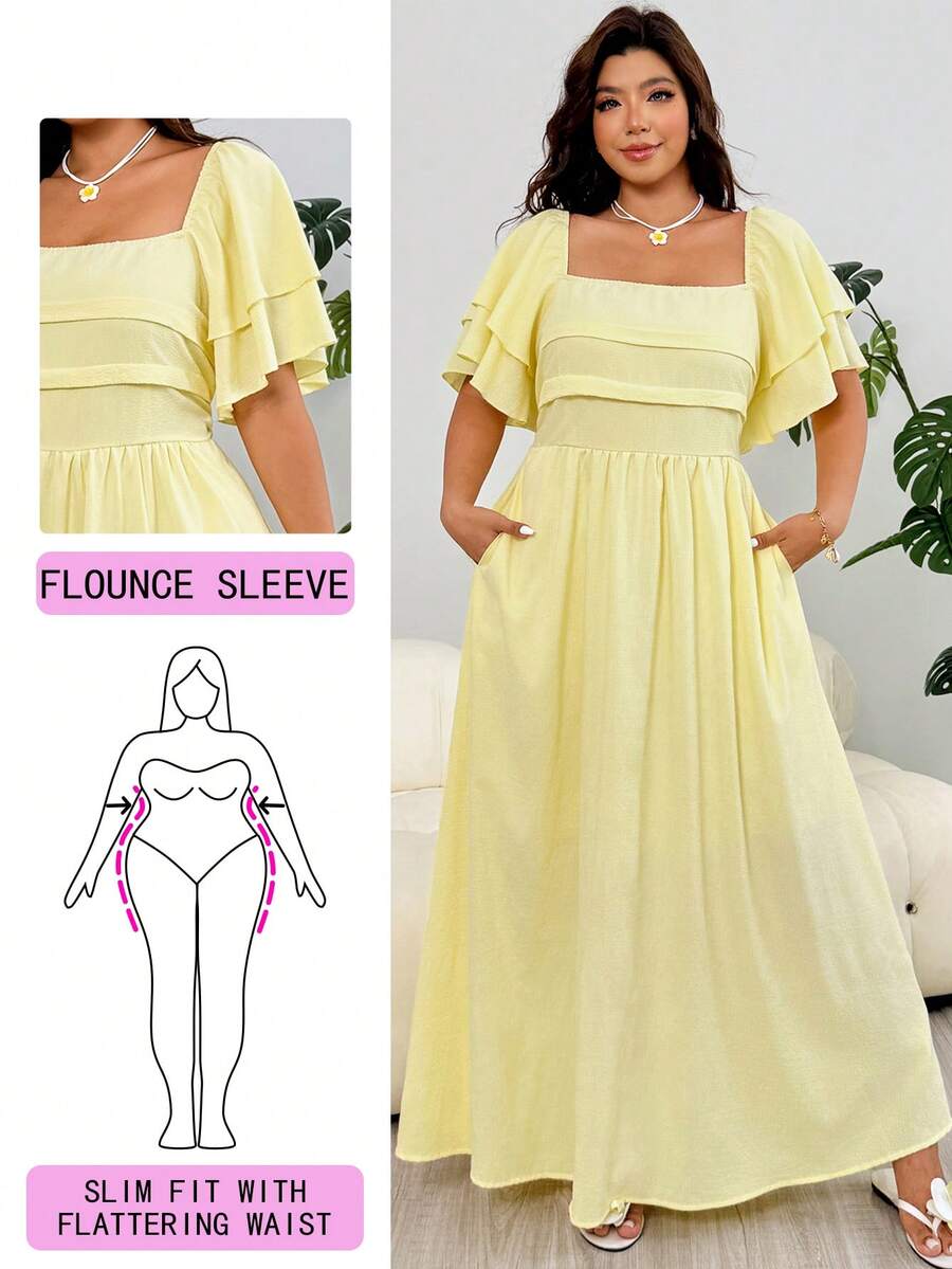 Solflare Romantic Ruffle Sleeve Dress With Pleated Bust Decor, A-Line Silhouette, Flowy Hem, Yellow, Suitable For Vacation, Plus Size - Yellow - View 1