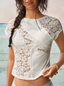 SoleilVie Women's Casual Solid Color Contrast Lace Round Neck T-Shirt - White - View 5