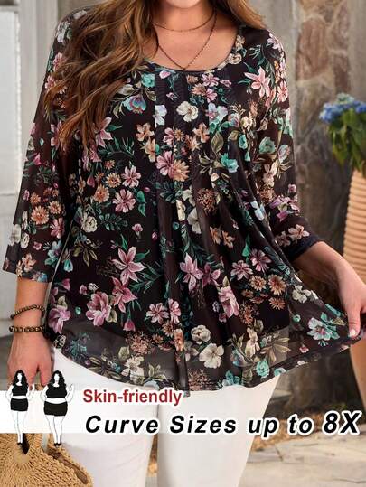 SHEIN CURVE+ Áo sơ mi tay lửng in hoa màu xanh hải quân cỡ lớn dành cho nữ, trang phục mùa hè cho nữ.