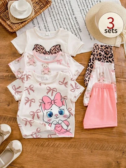 SHEIN Set de 6 piezas de ropa para bebé niña y niña pequeña de 0 a 3 años, nueva colección primavera-verano, con camiseta con diseño de conejito sólido y a rayas, y shorts a juego