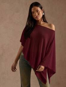 SHEIN BAE 女士夏季时尚纯色不对称衬衫 - 酒紅色 - 查看 6