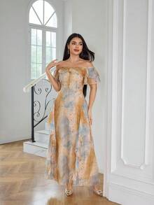 Modelyn Women's Summer All-Over Print Ruffle Off-Shoulder Dress Tea Party Golf Pastal Sexy - Apricot - View 6