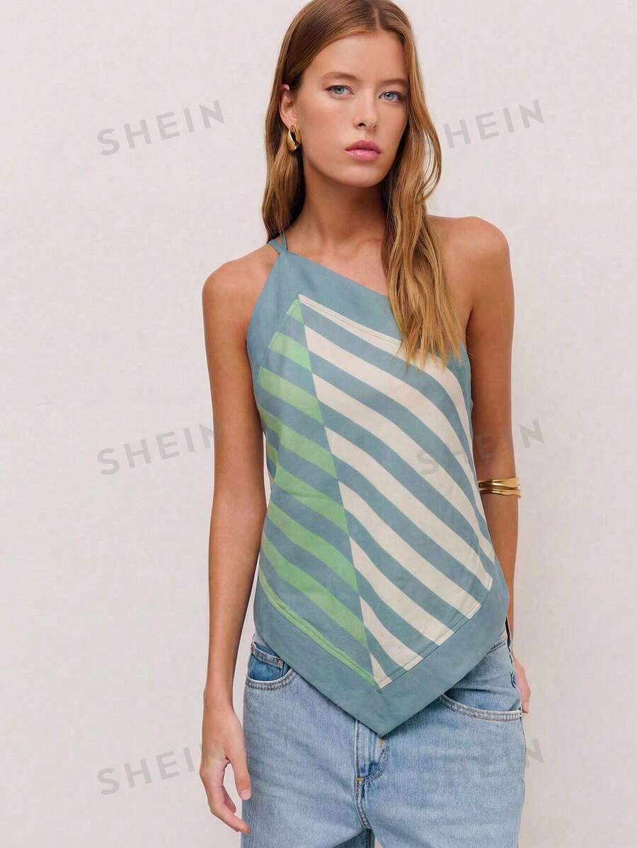 Nöista Top halter a rayas con tirantes plateados ajustables y un lazo en la espalda con cierre de moño para un ajuste personalizable. Primavera, verano, mujer. - Verde - Ver 1
