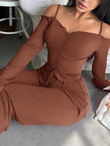 SHEIN 性感露肩酒红色针织家居服套装（女士款） - 鏽棕色 - 查看 6